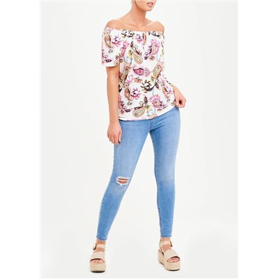 Shirred Paisley Wide Neck T-Shirt