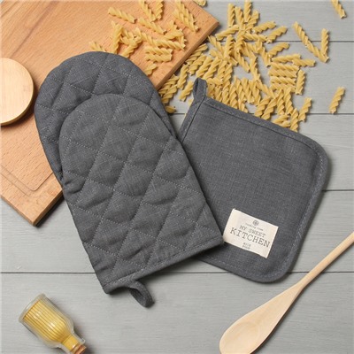 Набор кухонный Этель ECO grey: варежка 15х28см, прихватка 19х19см, 100% лён, 245 г/м2