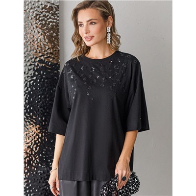 Футболка оверсайз с принтом пайетками из премиального хлопка с эластаном