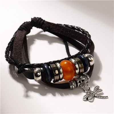 Браслет кожа «Хиппи» стрекозка, коричневый, d=6 см