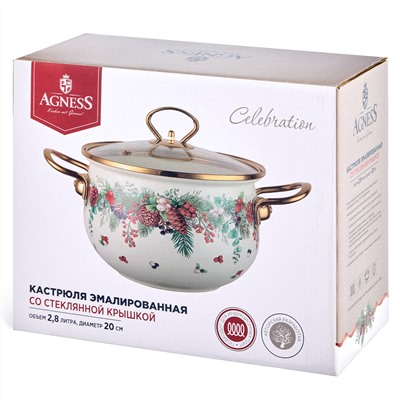 КАСТРЮЛЯ ЭМАЛИРОВАННАЯ AGNESS СО СТЕКЛЯННОЙ КРЫШКОЙ СЕРИЯ "CELEBRATION", 2.8 Л, 20*12 СМ