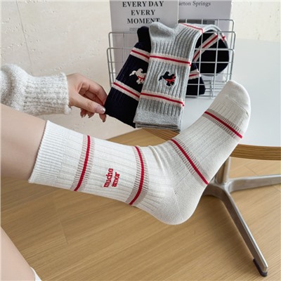 Cotton knee socks, Korean style, with embroidery, mid-length, western style