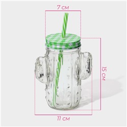 Кружка Доляна «Кактус», 450 мл, 11×7×15 см, стекло, с крышкой и трубочкой, прозрачная