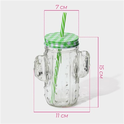Кружка Доляна «Кактус», 450 мл, 11×7×15 см, стекло, с крышкой и трубочкой, прозрачная