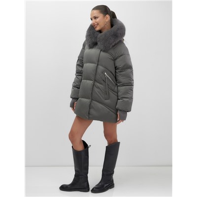 Куртка зимняя женская с мехом и капюшоном тренд темно-серого цвета 7658TC