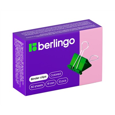 Зажимы для бумаг 19мм, Berlingo, 12шт., цветные, картонная коробка