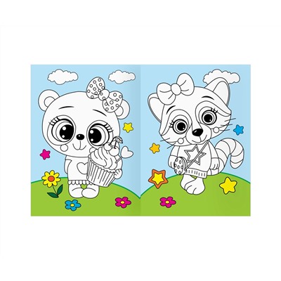 Раскраска с цв. фоном А4, 16 стр., ТРИ СОВЫ "Животные в стиле kawaii"