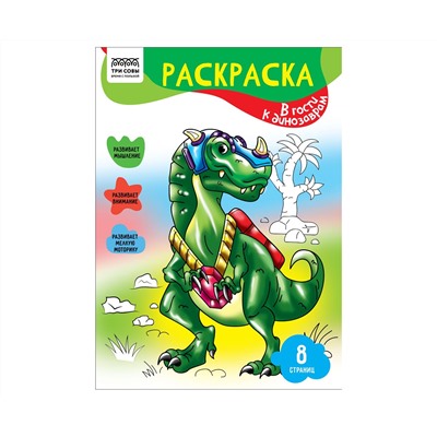 Раскраска А4 ТРИ СОВЫ "В гости к динозаврам", 8стр.
