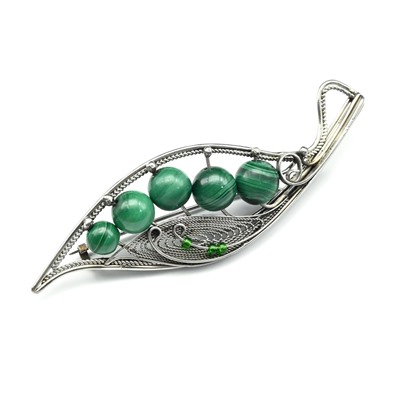 Брошь  малахит  "Листик" 74*22мм