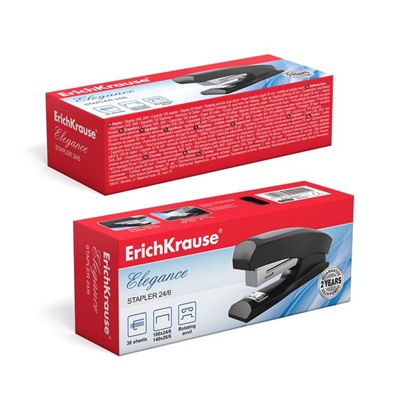 Степлер ErichKrause Elegance Half-strip №24/6 и 26/6, до 30 листов, вмещает до 100 скоб, глубина закладки бумаги до 55 мм, чёрный