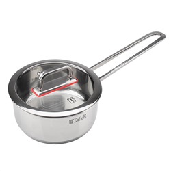 Ковш из нержавеющей стали "Tendency" 0,9л, д14см, h6,8см, s0,6мм, дно s2,8мм, плоская стеклянная жаропрочная крышка, пароотвод, стальной обод, прутковая ручка из нержавеющей стали на точечной сварке, полировка снаружи - зеркальная, внутри - зеркальна