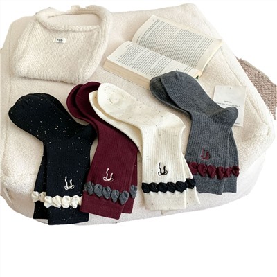 Demi-season embroidery with bow, Japanese breathable knee socks, with embroidery, combed cotton