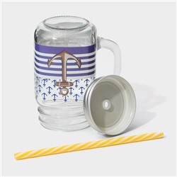 Кружка Доляна «Моряк», 450 мл, 10×7.5×13 см, стекло, с крышкой и трубочкой, прозрачный