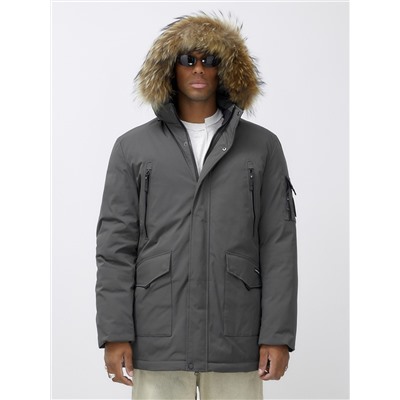 Парка мужская зимняя удлиненная с мехом темно-серого цвета 602_1TC
