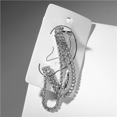 Серьга кафф «Подвески», со стразами, цвет белый в серебре