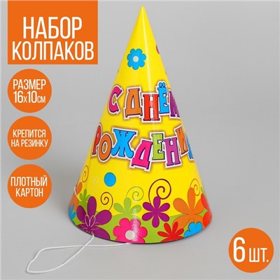 Бумажные колпаки «С днём рождения! Цветы», набор 6 шт., 16 см