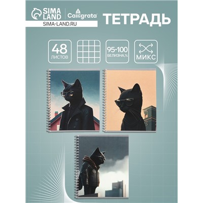 Тетрадь 48 листов в клетку на гребне, Calligrata «Чёрный Кот», обложка мелованный картон, МИКС