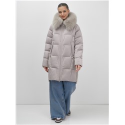 Пальто зимнее утепленное с мехом и капюшоном тренд светло-коричневого цвета 7630SK