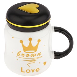 Кружка фарфоровая "Корона" 420мл, д9,1см h11см, глянцевая глазурь, деколь - микс с золотом, цвет - белый, пластмассовая, винтовая крышка, герметичная, с силиконовым уплотнителем, д/горла 6,3см, д/основания 7см, в подарочной коробке (Китай)