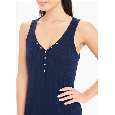 Navy Sleeveless Ribbed Jersey Popper Midi Dress