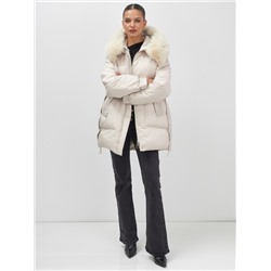Куртка зимняя женская с мехом и капюшоном тренд бежевого цвета 7608B