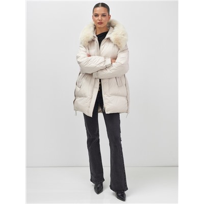Куртка зимняя женская с мехом и капюшоном тренд бежевого цвета 7608B