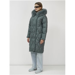 Пальто зимнее женское с мехом и овчиной премиум класса темно-зеленого цвета 3196TZ