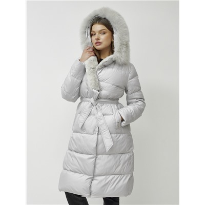 Пальто утепленное с капюшоном и мехом зимнее женское светло-серого цвета 133203SS
