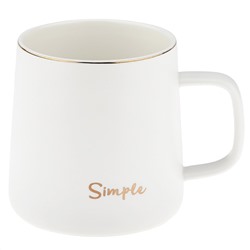 Кружка фарфоровая "Simple" 370мл, д9см h9см, матовая глазурь, отводка золотом, деколь с золотом, цвет - белый, фарфоровая крышка, ложка металл., окрашенный "золото" 13см, д/горла 8см, д/основания 8,5см, в подарочноый коробке (Китай)