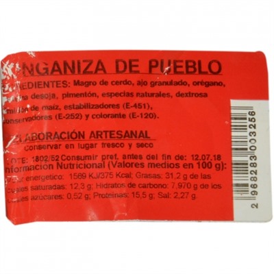 Longaniza de pueblo Peña Cruz sarta 380 g aprox