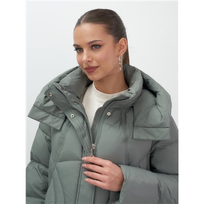 Пальто зимнее утепленное с капюшоном женское цвета хаки 7709Kh