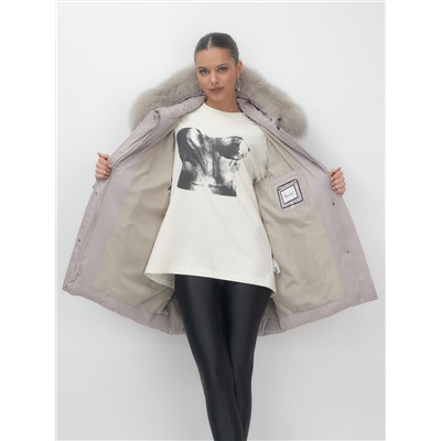 Куртка зимняя женская с мехом и капюшоном тренд светло-коричневого цвета 7660SK