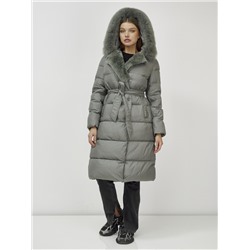 Пальто утепленное с капюшоном и мехом зимнее женское цвета хаки 133203Kh