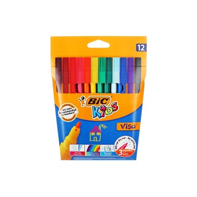 УЦЕНКА Фломастеры 12 цветов BIC Kids Visa, детские, смываемые, тонкое письмо