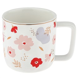 Кружка фарфоровая "Сюита" 380мл, д8,5см h8,9см, матовая глазурь, отводка золотом, с деколью, цвет - розово-красный, фарфоровая крышка, ложка металл., окрашенный "золото" 15,5см, д/горла 8,5см, д/основания 6,9см, в подарочноый коробке (Китай)