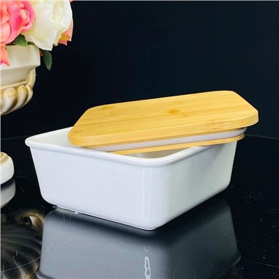 142-088 Квадратное блюдо для запекания 20см с бамбук.крышкой в под.уп.(х12)Фарфор