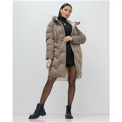 Пальто зимнее утепленное с капюшоном женское коричневого цвета 7638K