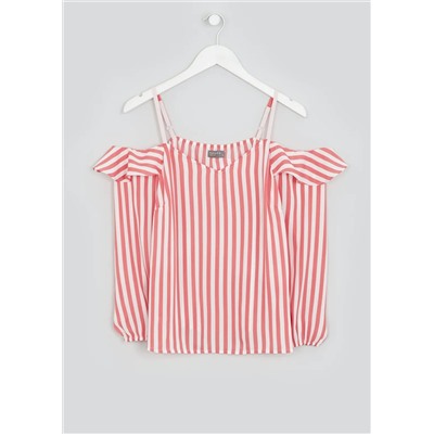 Papaya Petite Stripe Ruffle Cold Shoulder Blouse