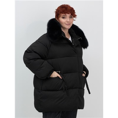 Куртка зимняя женская с мехом и капюшоном тренд черного цвета 7639Ch