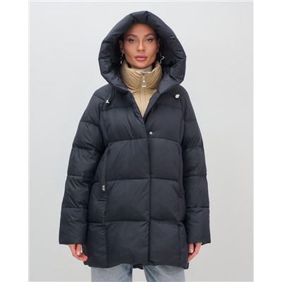 Куртка двубортная женская зимняя с капюшоном черного цвета 7736Ch