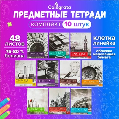 Набор предметных тетрадей 48 листов, Calligrata "Чёрное-белое", 10 предметов, серые листы