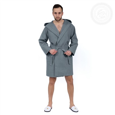 Халат мужской вафельный запашной с капюшоном серый