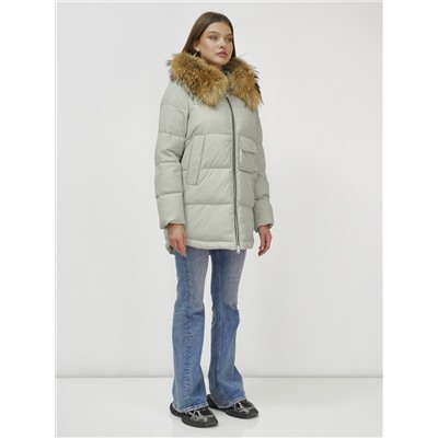 Куртка женская зимняя с мехом енот премиум класса светло-зеленого цвета 3146ZS