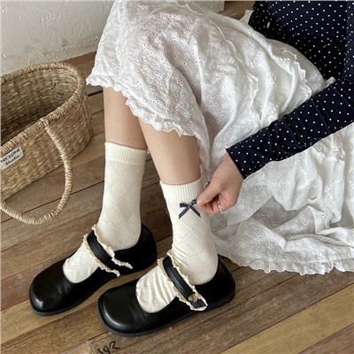 songmu Design retro cotton knee socks with bow, wide color palette, mid-length