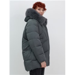 Куртка зимняя женская с мехом и капюшоном тренд темно-зеленого цвета 7656TZ
