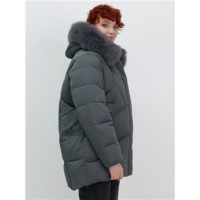 Куртка зимняя женская с мехом и капюшоном тренд темно-зеленого цвета 7656TZ