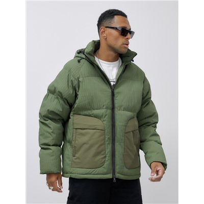 Куртка молодежная мужская зимняя с капюшоном цвета хаки 25307Kh