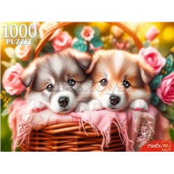 Пазлы 1000 "Два щенка в корзине"