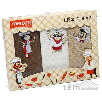 Кухонные Вафельные Полотенца Салфетки с Вышивкой 45x70 см. 3 шт./уп. ШЕФ ПОВАР - Mercan
