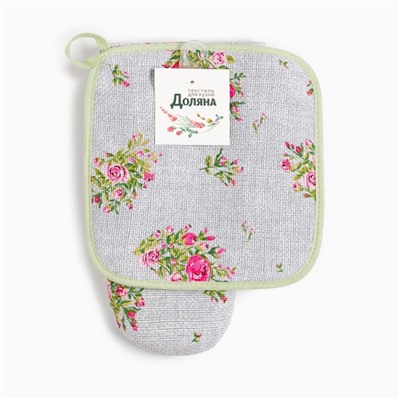 Набор кухонный Доляна Roses on linen: варежка-прихватка 20х27 см, прихватка 19х19 см, 100% хл